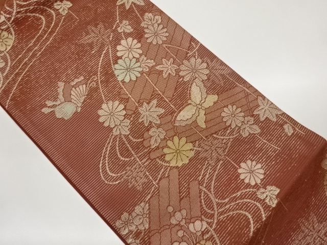 JAPANESE KIMONO / FUKURO OBI FOR SUMMER / WOVEN MAPLE & BUTTERFLY 